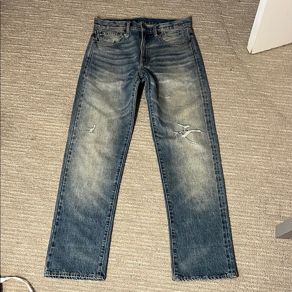 R13 Distressed Straight Jeans in Faded Blue